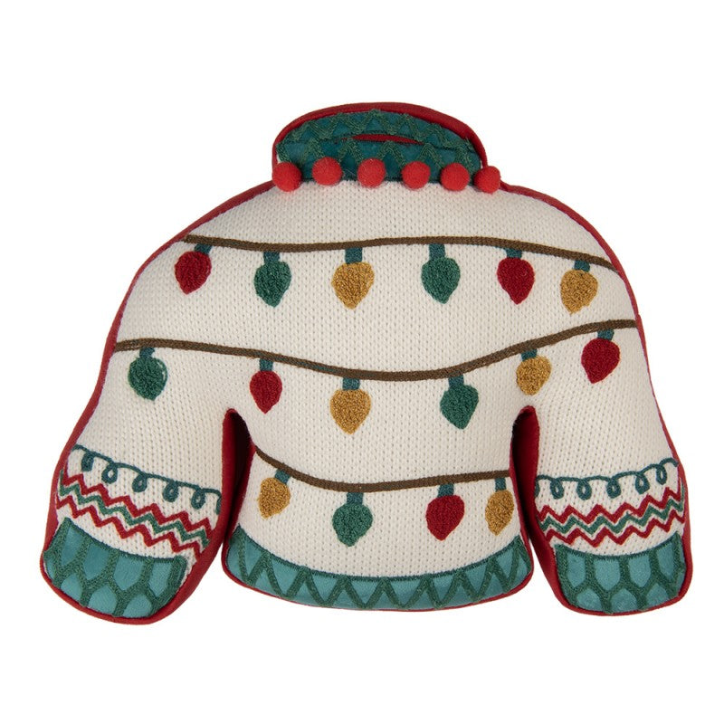 Clayre & Eef Dekokissen Ugly Christmas Sweater Feinstrick mit Tufting-Lichterkette & Pompoms 40 × 30 × 4 cm (KG035.047)