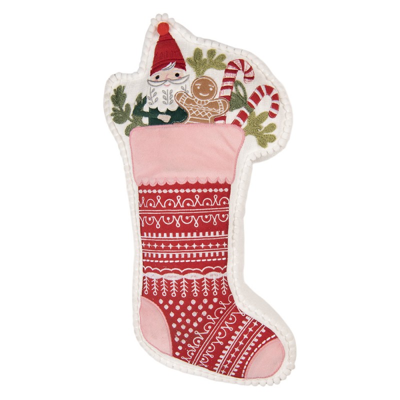 Clayre & Eef Dekokissen Weihnachtsstrumpf Nikolausstiefel mit Pompom-Borte & Applikationen 20 × 40 × 4 cm (KG035.049)