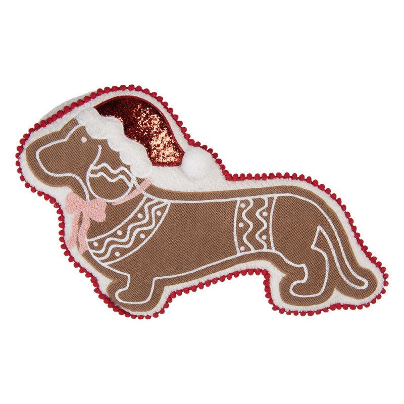 Clayre & Eef Dekokissen Lebkuchen-Dackel mit Bommelborte & Glitzermütze 25 × 45 × 4 cm (KG035.051)