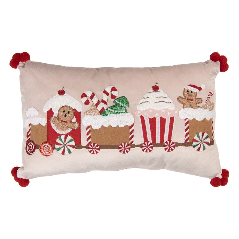 Clayre & Eef Dekokissen Weihnachtszug Candy-Express Samt mit 3D-Schnee & Eck-Pompoms 50 × 30 × 4 cm (KG036.024)