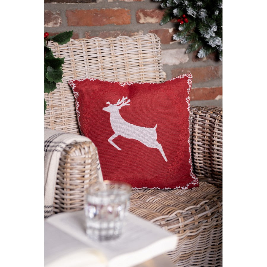 Kissenbezug Kissenhülle ohne Inlet Hirsch springend Bordüre Rot Weiß 44x44 cm von Clayre & Eef (KT021.383)