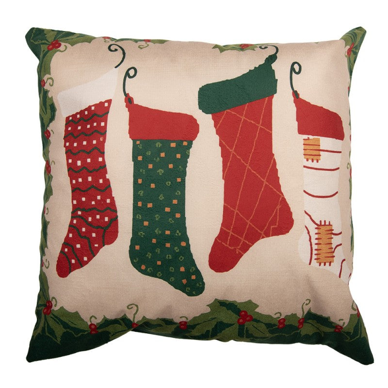 Kissenbezug Kissenhülle ohne Inlet Weihnachtssocken Kamin Ilex Beige Rot 45x45 cm von Clayre & Eef (KT021.454)