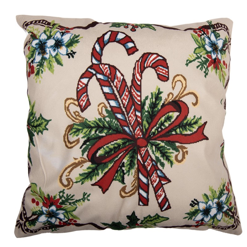 Kissenbezug Kissenhülle ohne Inlet Zuckerstangen Candy Cane Schleife Christrosen Beige 45x45 cm von Clayre & Eef (KT021.462)