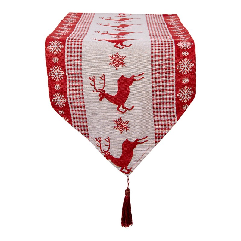 Gobelin-Tischläufer Rentier Vichy-Karo Rot-Beige 33x180 cm Weihnachten mit Quasten von Clayre & Eef (KT065.009)
