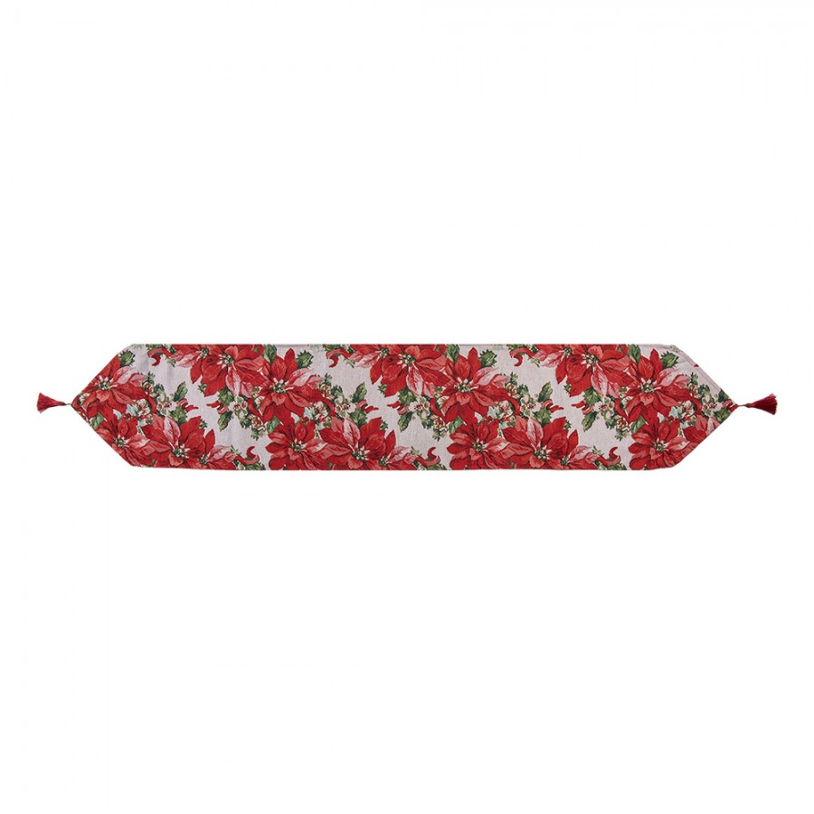 Gobelin-Tischläufer Weihnachtsstern Christrose Rot-Beige 33x180 cm mit Quasten von Clayre & Eef (KT065.011)