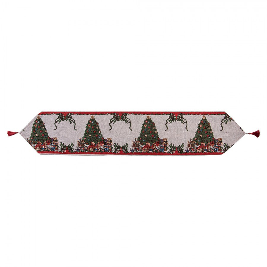 Gobelin-Tischläufer Christbaum Geschenke Beige-Bunt 33x180 cm Weihnachten mit Quasten von Clayre & Eef (KT065.012)