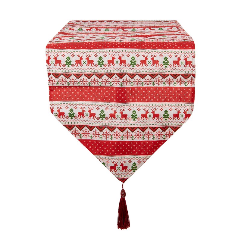 Tischläufer Weihnachten Skandi Rentier Rot-Weiß 33x180 cm mit Quasten von Clayre & Eef (KT065.014)