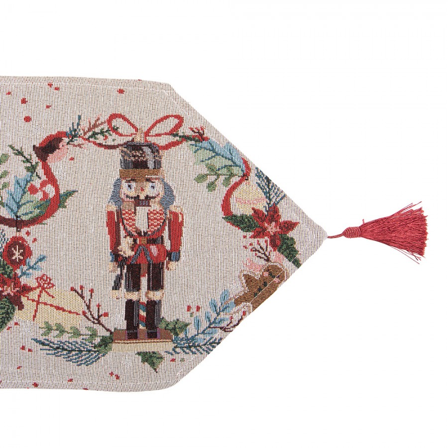Gobelin-Tischläufer Nussknacker Weihnachten Beige 33x180 cm mit Quasten von Clayre & Eef (KT065.160)