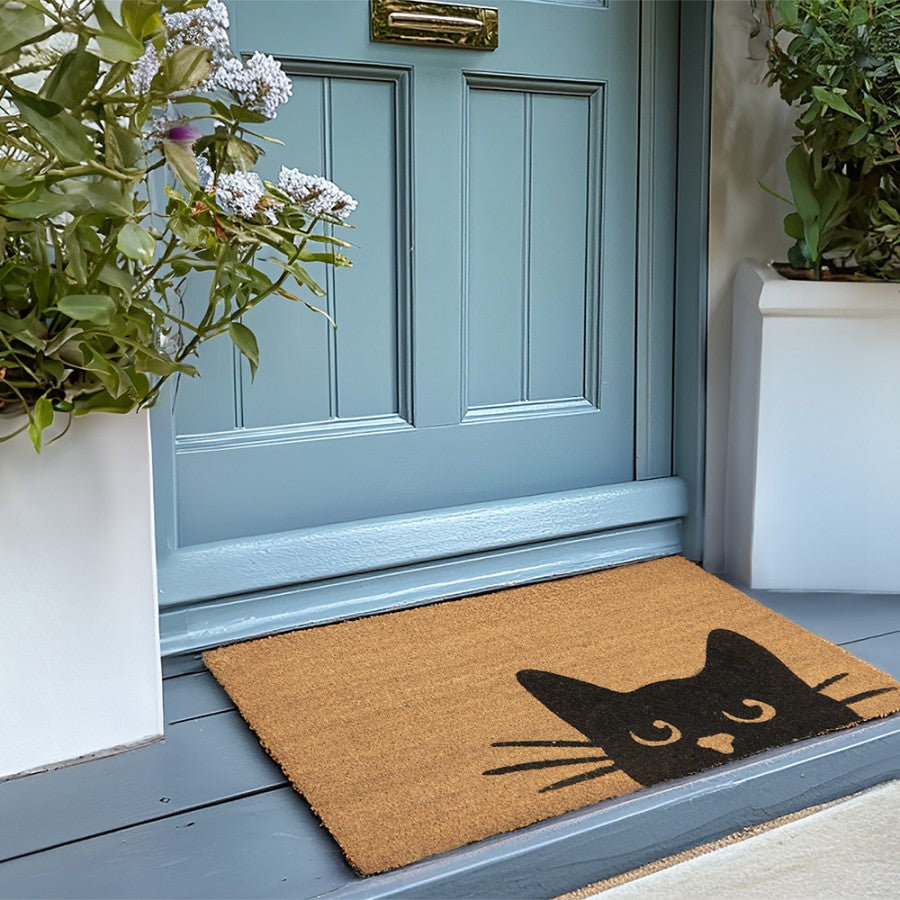Clayre & Eef Fußmatte Peeking Cat Katze Schablonendruck Natur Schwarz Rutschfest 75 × 45 × 1 cm (MC155)