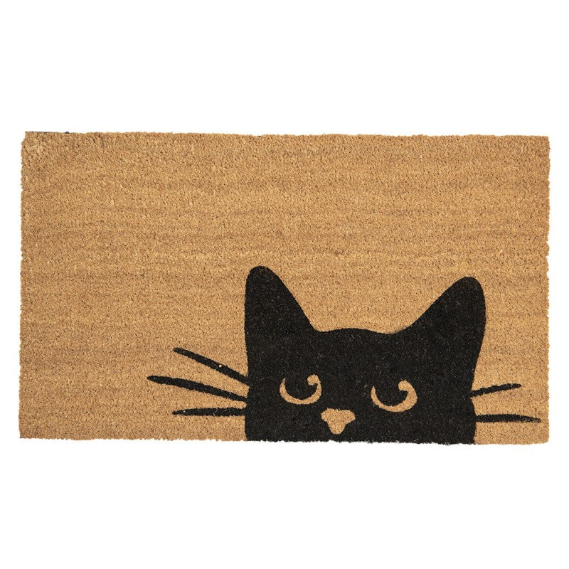 Clayre & Eef Fußmatte Peeking Cat Katze Schablonendruck Natur Schwarz Rutschfest 75 × 45 × 1 cm (MC155)
