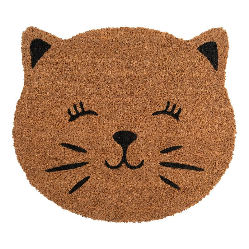 Clayre & Eef Fußmatte Katzenkopf Formmatte Schlafende Katze Wimpern Natur Schwarz Rutschfest 50 × 44 × 1 cm (MC286)