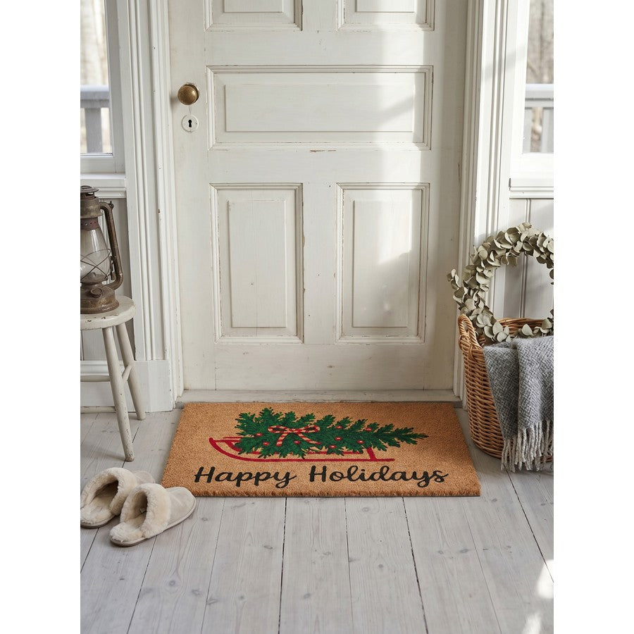 Clayre & Eef Fußmatte Weihnachtsschlitten Tannenbaum Happy Holidays Festlich Rutschfest 75 × 45 × 1 cm (MC287)