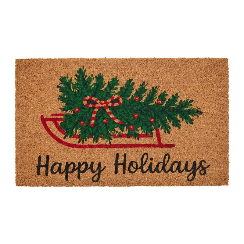Clayre & Eef Fußmatte Weihnachtsschlitten Tannenbaum Happy Holidays Festlich Rutschfest 75 × 45 × 1 cm (MC287)