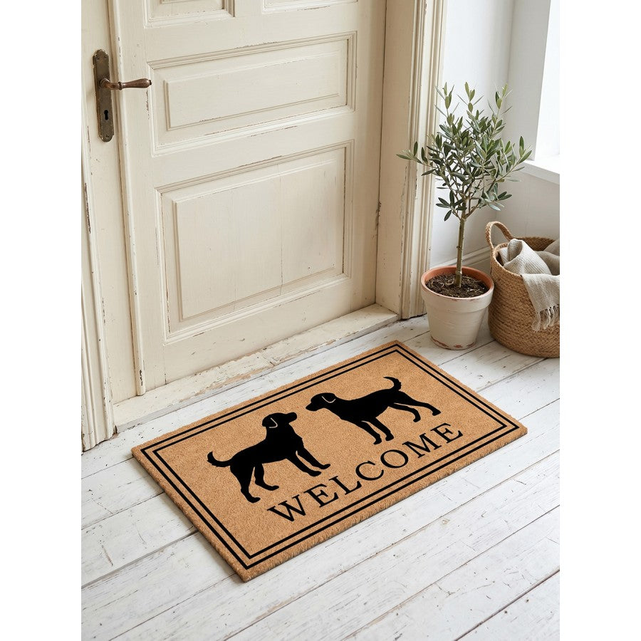 Clayre & Eef Fußmatte Zwei Hunde Labrador Retriever Doppelrahmen Welcome Natur Schwarz Rutschfest 75 × 45 × 1 cm (MC293)