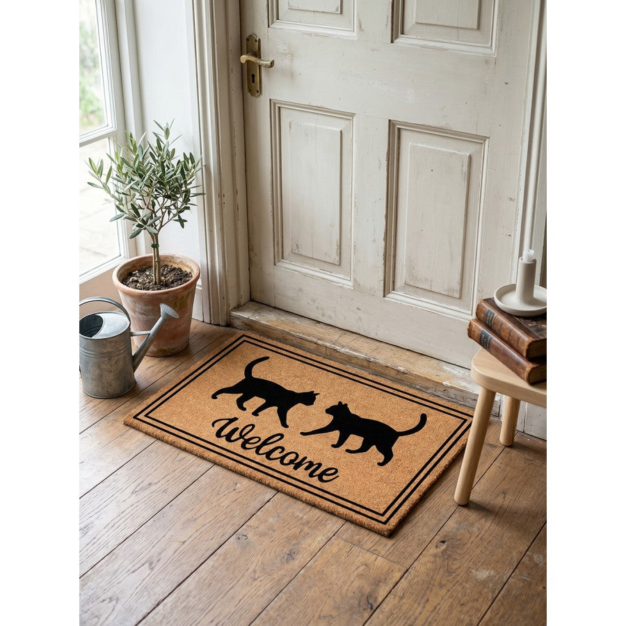 Clayre & Eef Fußmatte Zwei Katzen Doppelrahmen Welcome Schreibschrift Natur Schwarz Rutschfest 75 × 45 × 1 cm (MC294)