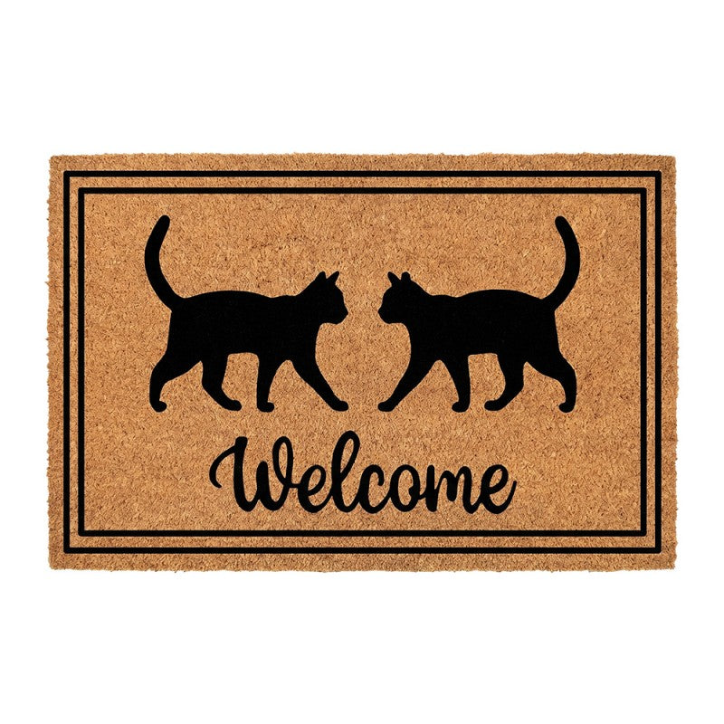 Clayre & Eef Fußmatte Zwei Katzen Doppelrahmen Welcome Schreibschrift Natur Schwarz Rutschfest 75 × 45 × 1 cm (MC294)