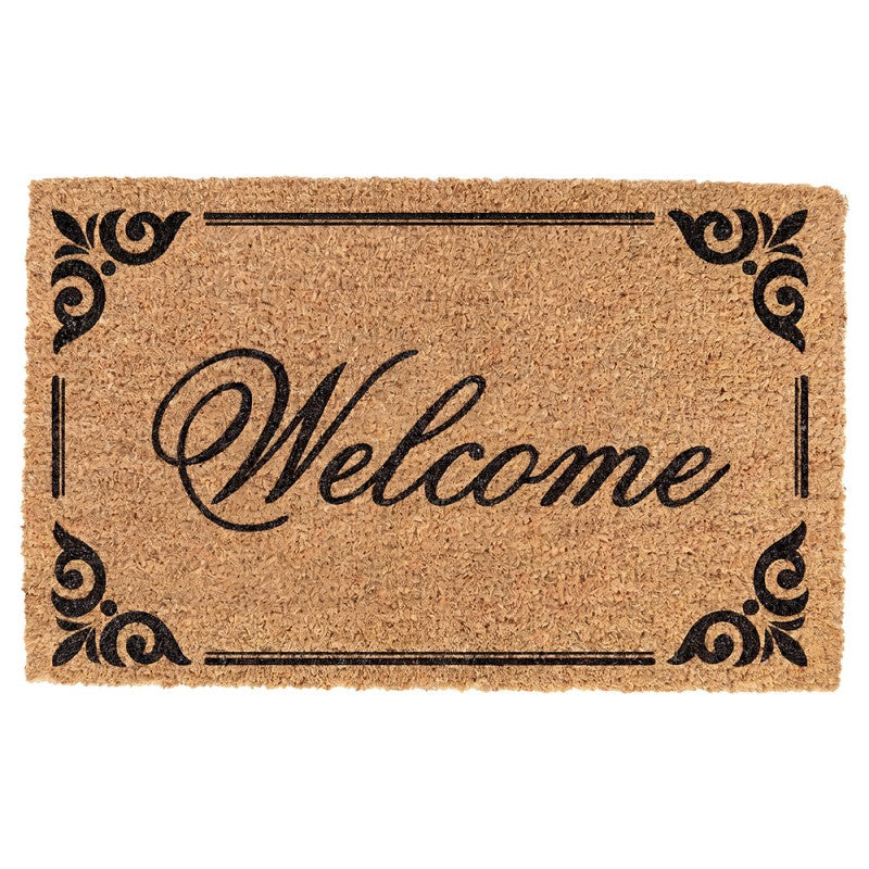 Clayre & Eef Fußmatte Welcome Barocke Eckornamente Linienrahmen Natur Schwarz Rutschfest 75 × 45 × 1 cm (MC295)