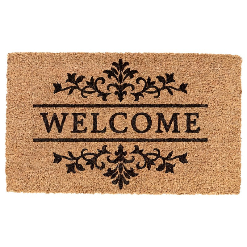 Clayre & Eef Fußmatte Welcome Damast Barock Lilien Ornamente Serifenschrift Natur Schwarz Rutschfest 75 × 45 × 1 cm (MC296)