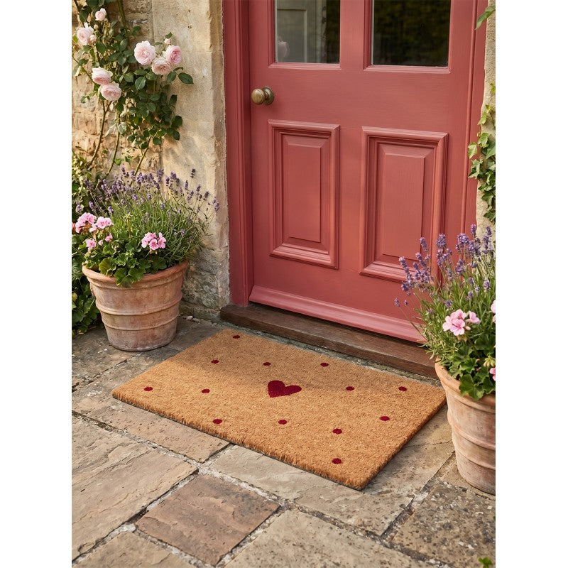 Clayre & Eef Fußmatte Rotes Herz Polka Dots Punkte Scandi Natur Bordeaux Rutschfest 75 × 45 × 1 cm (MC300)