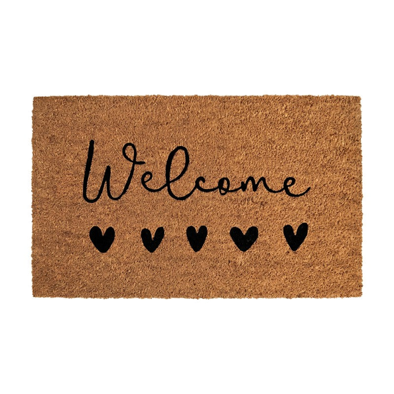 Clayre & Eef Fußmatte Welcome 5 Herzen Scandi Minimalistisch Natur Schwarz Rutschfest 75 × 45 × 1 cm (MC302)