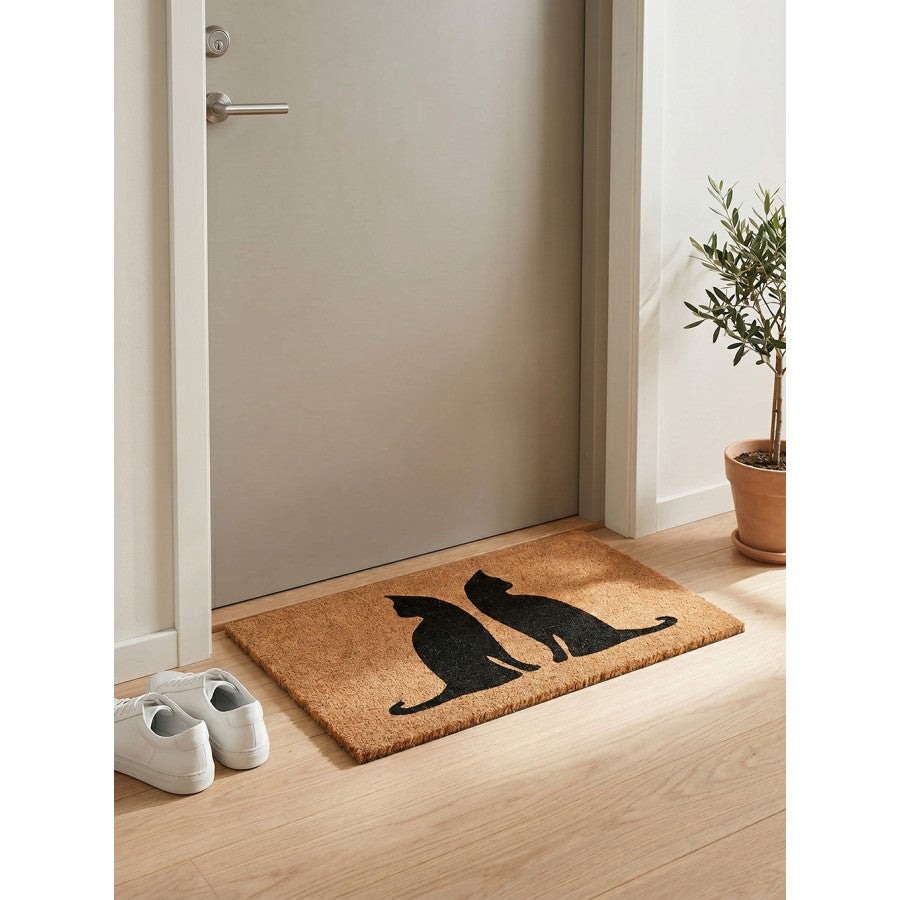 Clayre & Eef Fußmatte Zwei Katzen Rücken an Rücken Silhouette Puristisch Natur Schwarz Rutschfest 75 × 45 × 1 cm (MC304)