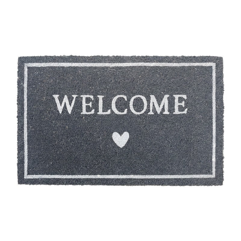 Clayre & Eef Fußmatte Grau Anthrazit Welcome Weißes Herz Rahmenlinie Modern Rutschfest 75 × 45 × 1 cm (MC305)