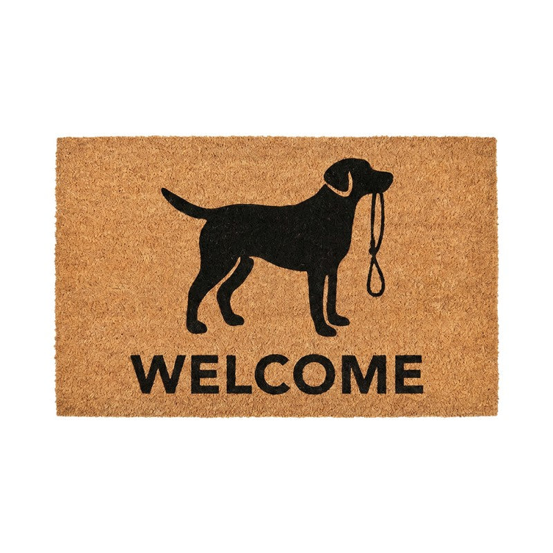 Clayre & Eef Fußmatte Hund mit Leine im Maul Gassi Gehen Labrador Welcome Natur Schwarz Rutschfest 75 × 45 × 1 cm (MC306)