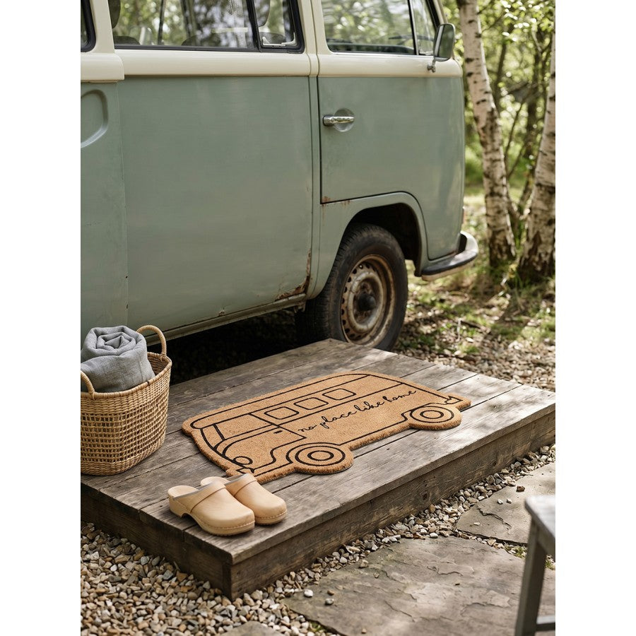 Clayre & Eef Fußmatte Bulli Campingbus Camper Van No Place Like Home Konturschnitt Formmatte Natur Schwarz Rutschfest 75 × 45 × 1 cm (MC309)