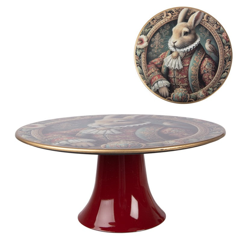 Tortenplatte auf Fuß Hase im Barock-Porträt Rot-Gold Ø 22x10 cm von Clayre & Eef (NE86)