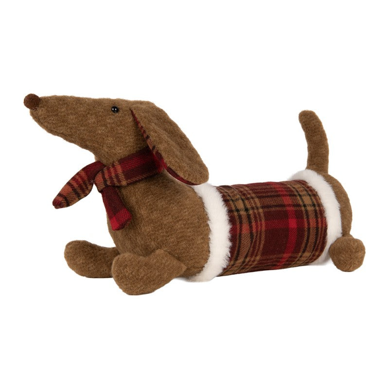 Dekofigur Hund Dackel Stofftier im Schottenkaro-Mantel & Schal Braun Rot 42x20x21 cm von Clayre & Eef (TW0637)