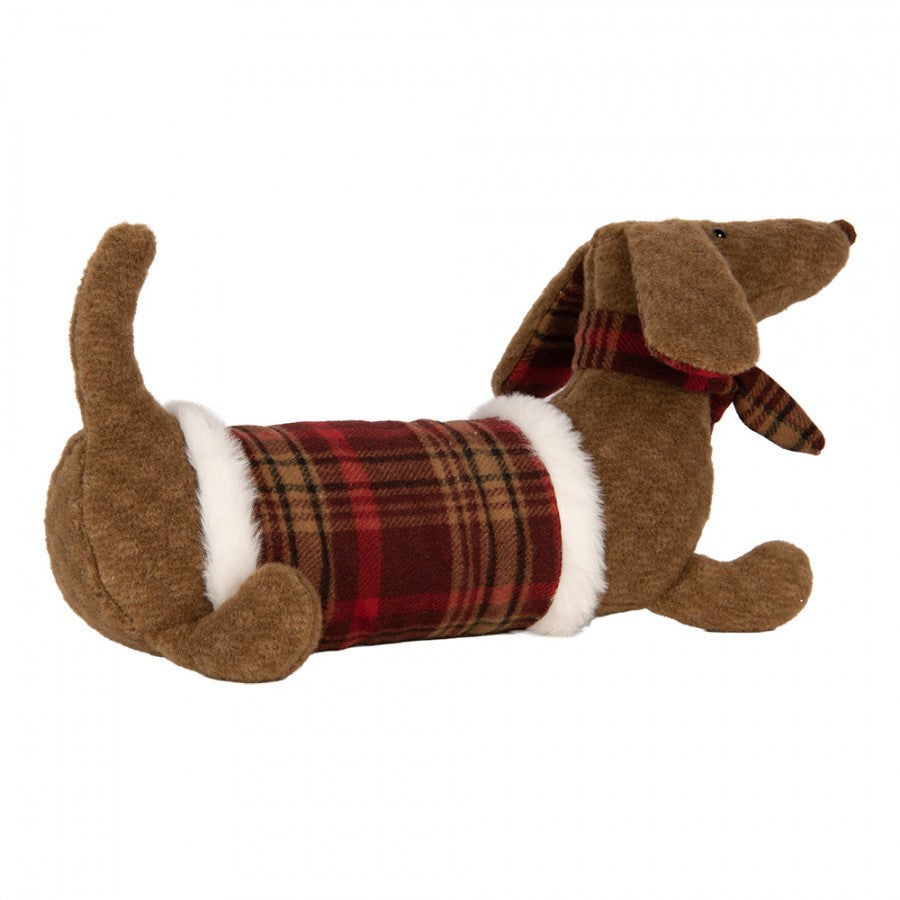 Dekofigur Hund Dackel Stofftier im Schottenkaro-Mantel & Schal Braun Rot 42x20x21 cm von Clayre & Eef (TW0637)