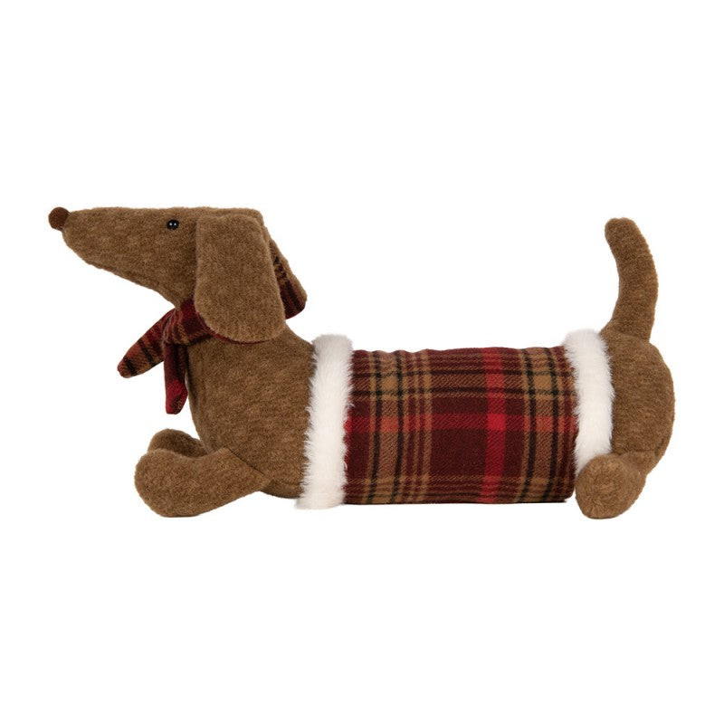 Dekofigur Hund Dackel Stofftier im Schottenkaro-Mantel & Schal Braun Rot 42x20x21 cm von Clayre & Eef (TW0637)