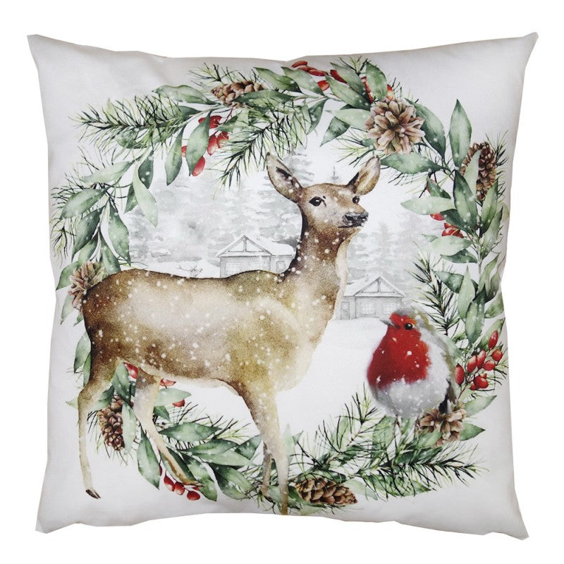 Clayre & Eef Dekokissen Winterwald Hirschkuh Rotkehlchen & Tannenzweig 45 × 45 × 4 cm (KG023.217)